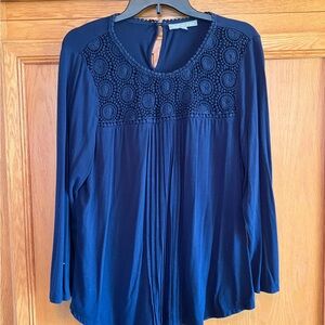 Daniel Rainn Navy Long Sleeve Top/smock w/Crochet Yoke size XL